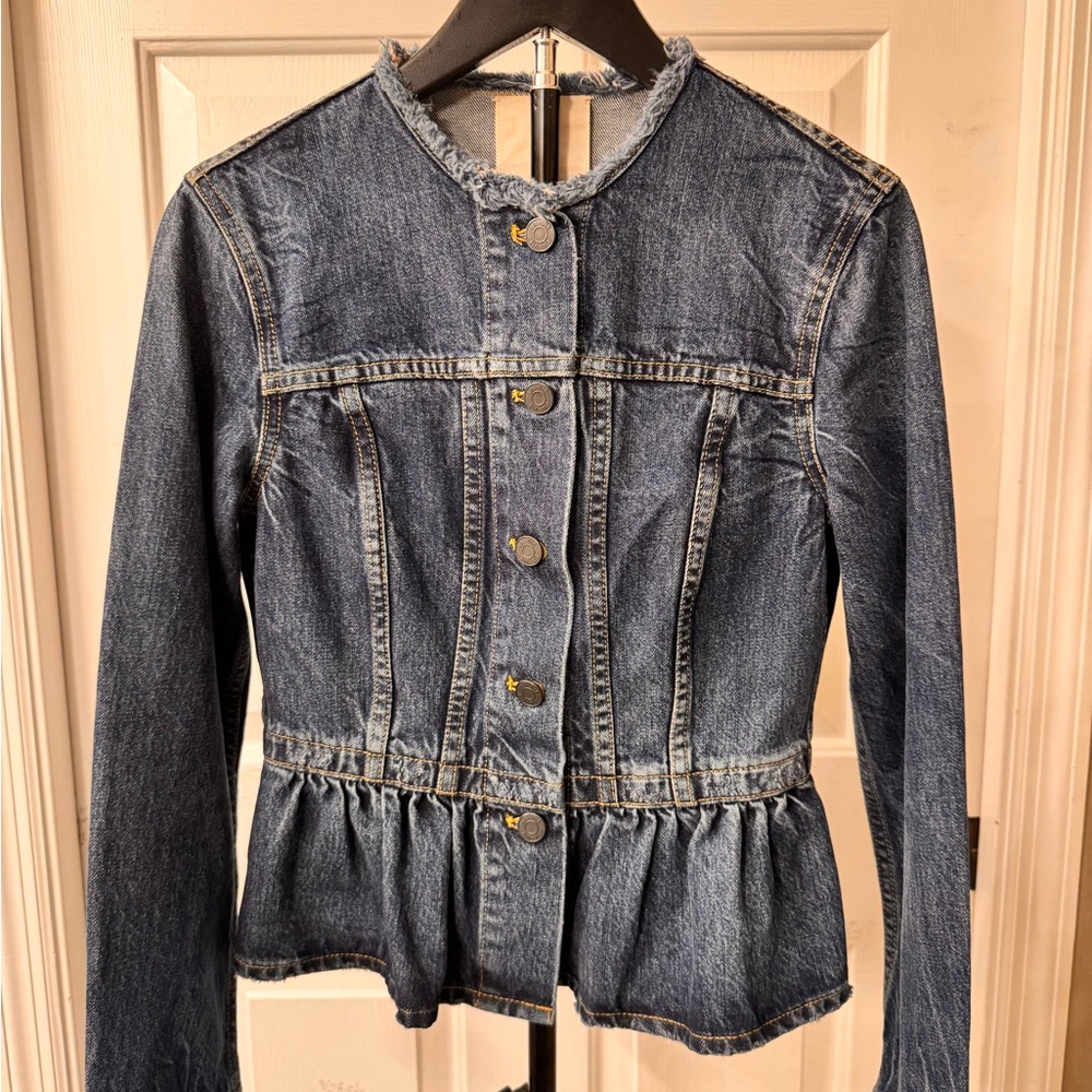 Rebecca Taylor Indigo Denim Peplum Jacket with Frayed Neckline